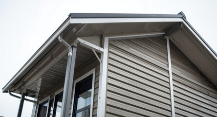 Brand new small home structure with metal framework and siding close focus