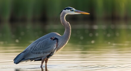 Fototapeta premium Majestic Great Blue Heron Standing Gracefully in Calm Waters.