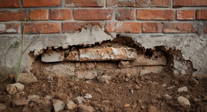 Brick wall deterioration featuring foundation problems and soil subsidence damage