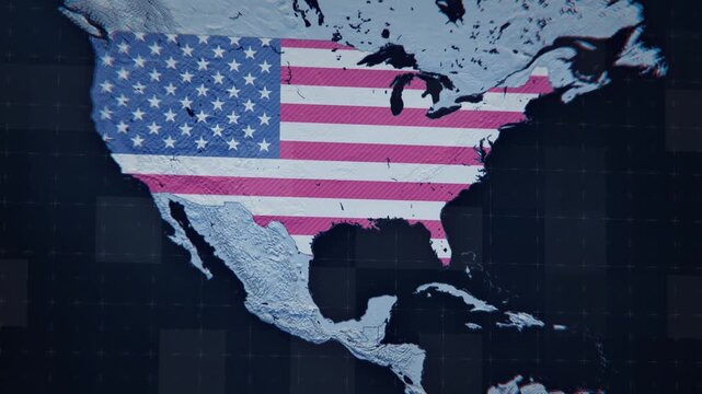 Rotating 3D map of the United States. Smooth flyover from coast to coast, styled as a satellite view. Perfect for travel, business, and educational projects.