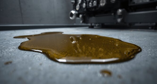 Intimate view of hydraulic power pack oil spill on containment tray