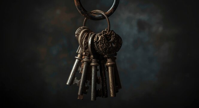 set of weathered keys gathered on a metal ring