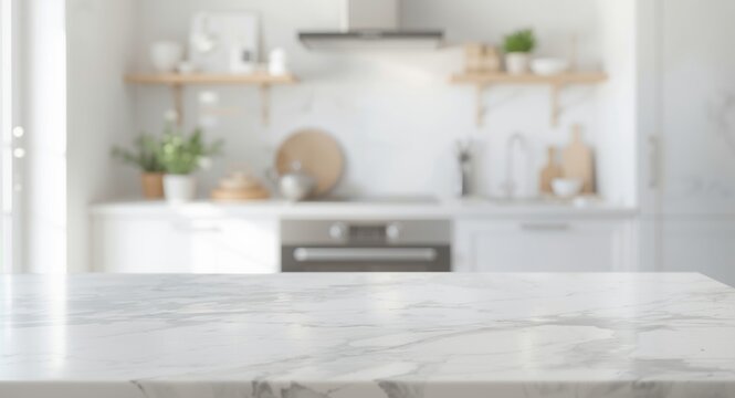Blurred kitchen environment with a table backdrop offering free space for product presentation