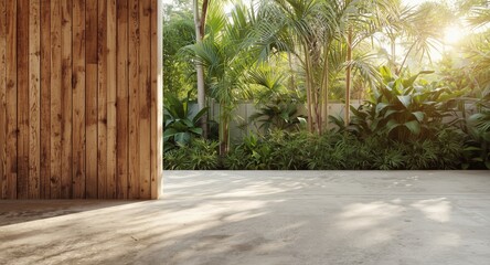 Obraz premium rough rendered wood wall texture with concrete floor and tropical garden sunlight backdrop