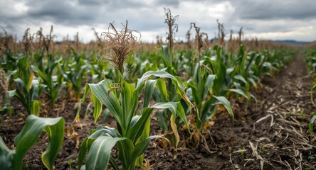 Fototapeta premium Stress factors affecting the growth of young corn plants in open field