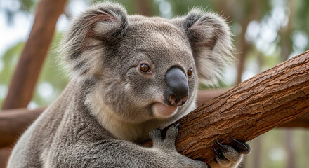 Obraz premium Close-up portrait of a sleepy koala resting on a tree branch in a natural Australian forest habitat with green foliage and soft, natural light.
