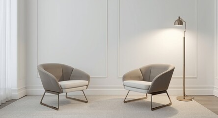 Sophisticated interior with designer chairs and floor lighting near white wall allowing copy space