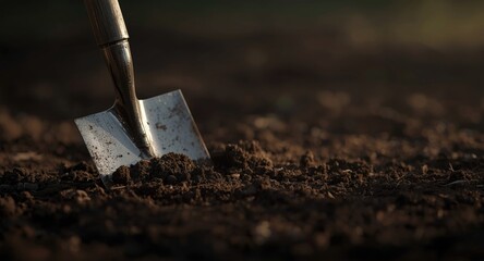 Spade stirring through garden soil with visible copy space for placing text or design