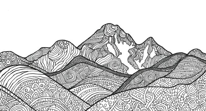 Adult coloring book page featuring hand crafted Zentangle mountains with intricate details