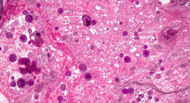 Histological microscopic image of liver tissue with pigment connected pathological changes and abnormal cells highlighted by haematoxylin and eosin stain