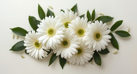 Fototapeta premium Elegant display of fresh white gerbera daisies showing green centers and leaves in full bloom on a subtle white surface