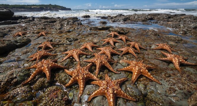 Marine indicator species Pisaster ochraceus ochre sea stars spread on rocky intertidal area reflecting ecosystem stability with copy space