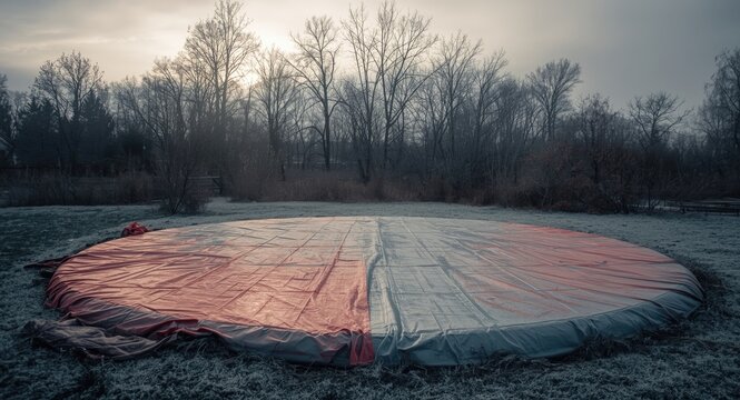 Winterized in ground pool with protective cover on a cold day