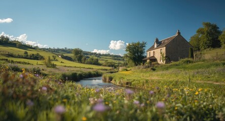 Serene countryside house adjacent to a winding stream within a fertile valley
