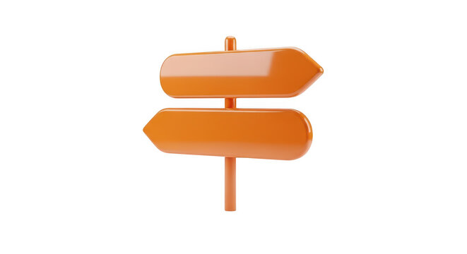 Orange 3D Directional Arrow Sign Icon - Glossy Minimalist Signpost with Two Blank Planks Pointing Opposite Ways for Navigation, Choices, and Decision Concepts on Black Background