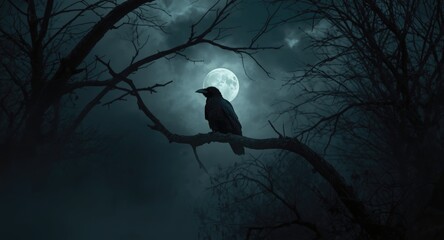 Fototapeta premium Tense and gothic Halloween scene with lone raven sitting in cloudy moonlight