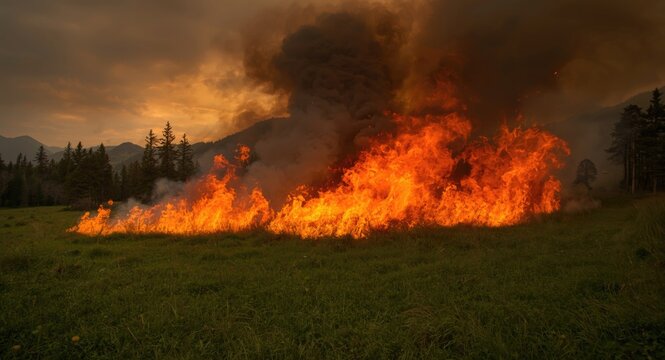 Wildfire blaze spreading through grassy meadow with thick smoke and orange flames