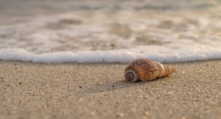Seashell resting on textured beach sand with gentle waves and copy space
