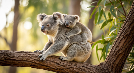 A mother koala and her joey sitting on a tree branch in a natural habitat in Australia, with a peaceful expression and soft fur texture, captured in a wildlife closeup photography with