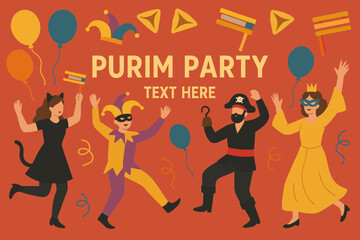 Flat vector festive Purim party invitation design with dancing figures in costumes, balloons, groggers