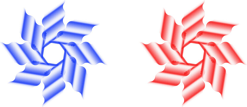 Abstract star shape vector elements. Includes two identical seven-pointed star shapes in blue and red gradient. Created in modern abstract style with blue and red color palette.