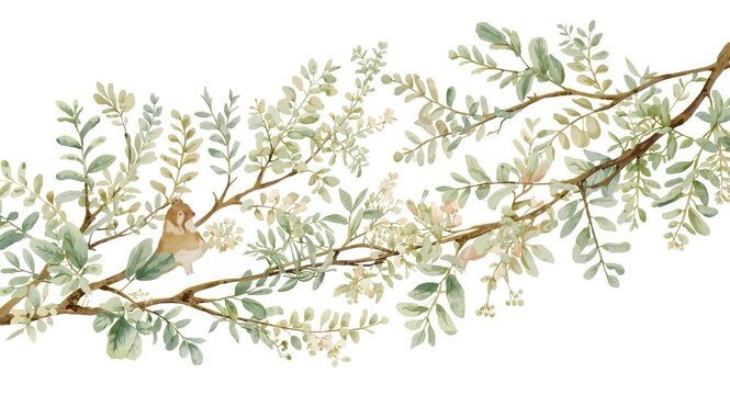 White background botanical illustration featuring forest herbs and green branches with animals in watercolor style