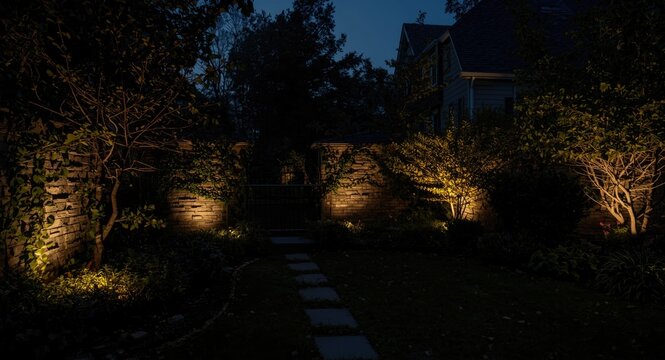 Visibility of garden walls improved by outdoor spotlights to enhance safety in night residential areas