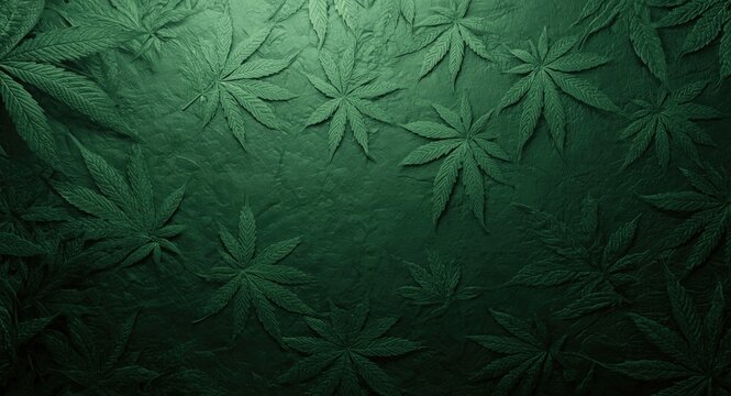 Green textured surface with hemp leaf design and ample copy space for graphic elements