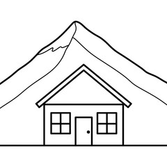 Simple outline drawing of a house nestled at the base of a mountain