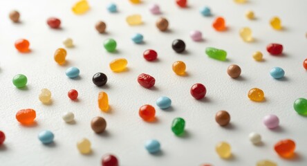 Various colored candy pieces spread over a white backdrop