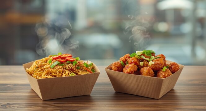 Indo Chinese meal delivery featuring spicy Schezwan noodles and crispy chilli chicken in eco friendly containers