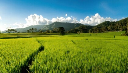 Fototapeta premium Lush green rice terraces under a bright blue sky with mountains.