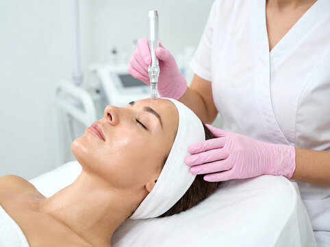 Beautiful woman receiving microneedling treatment with pen on forehead at modern beauty salon or dermatology clinic.