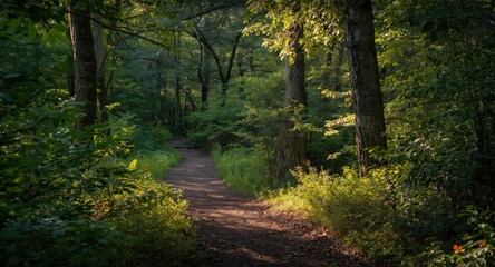 A quiet trail cutting across thick tree growth