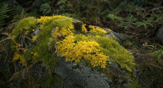 Bright yellow lichen and lush green moss texture on woodland rock with asplenium trichomaches backdrop