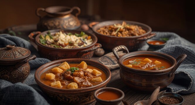 Authentic homemade Uzbek dishes including samsa and shurpa in rustic cookware