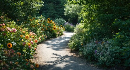 Sunshine bright pathway surrounded by colorful blooms and dense greenery with far off trees