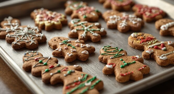 Festive gingerbread cookies decorated with icing arranged on a baking tray