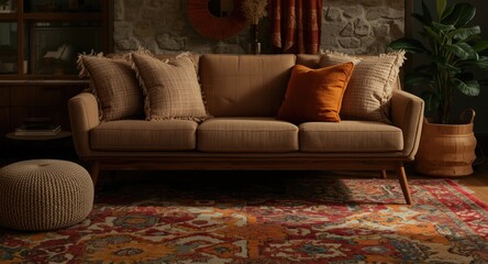 tastefully furnished mid century craftsman living room with pillows and rug