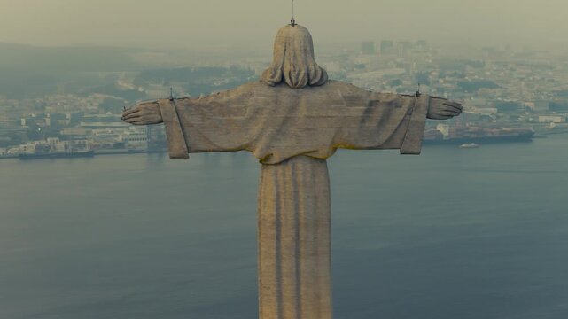 Drone view of the Christ the King monument in Almada, Portugal, with the 25 de Abril Bridge spanning the Tagus River and Lisbon visible in the background.
