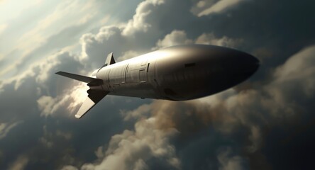Rocket propelled military missile flying overhead designed for advanced chemical weaponry