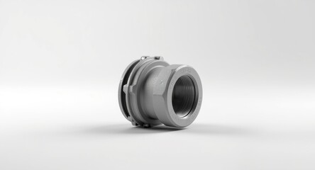 Grey plumbing joint piece for water flow systems on white backdrop