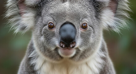 Obraz premium Close-up portrait of a cute koala with a peaceful expression, looking at camera with fluffy fur texture and soft fur, in a natural outdoor setting.