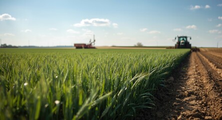 Fototapeta premium Young green wheat plants in a cultivated field being tended by a farmer for grain harvest