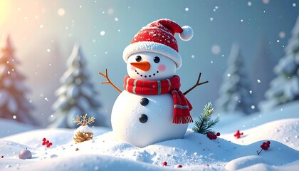 Obraz premium A cute, cheerful snowman with a red hat and scarf stands in a snowy landscape, surrounded by pine trees and falling snowflakes
