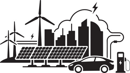 Obraz premium Black and white of renewable energy sources and electric vehicle