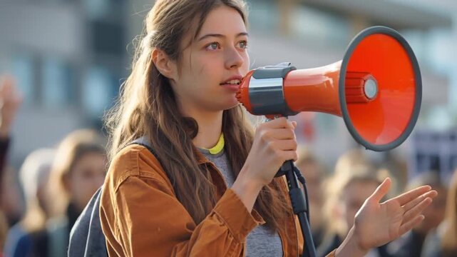 A passionate young environmentalist stands before a large crowd, fervently voicing climate concerns through a megaphone, energizing a demonstration for advocacy and environmental action