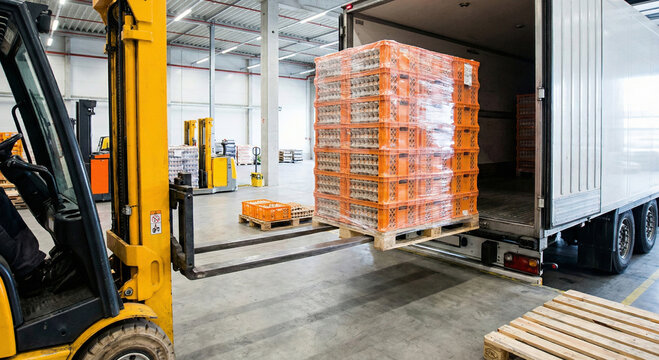 Warehouse forklift moving orange crates 4K