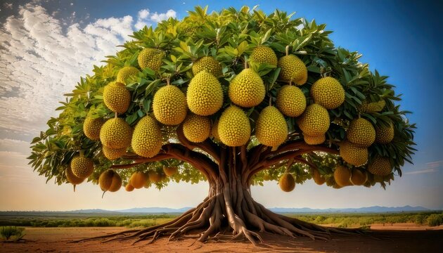 Majestic Jackfruit Tree Laden with Fruit in a Lush Landscape.