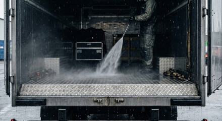 Industrial worker washing metal trailer floor detail